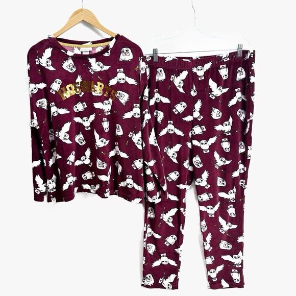 Harry Potter PJ Set 2 Piece Brick Red XL (16-18) Hogwarts Owl Hedwig Girls - Picture 1 of 14